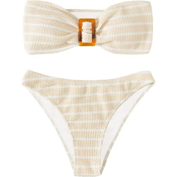 2 Piece Striped Swimsuit Strapless High Waisted Thong Bikini Set Bathing Suit - Picture 1 of 4